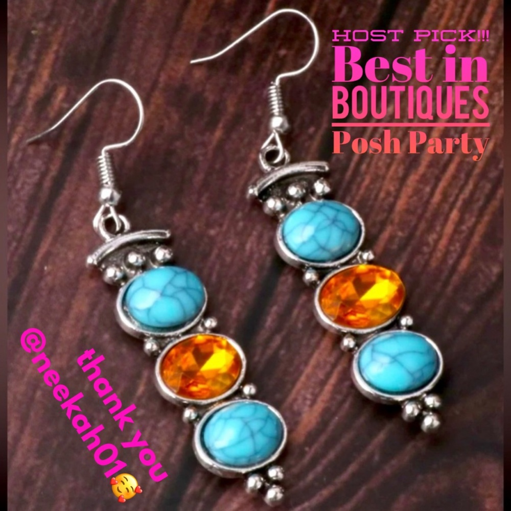 Bohemian Chic Southwestern Turquoise, Amber, Vintage Silver Dangle DropE…
